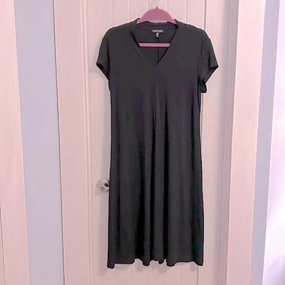 Eileen Fisher Black Viscose Stretch Midi Length Short Sleeve Dress Black, Medium - Picture 1 of 9